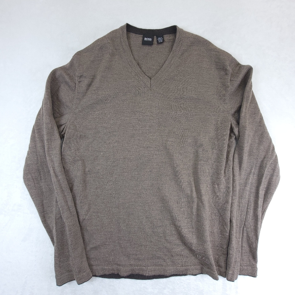 BOSS Hugo Boss Mens M/L Virgin Wool V-Neck Sweater Brown 41" Pit To Pit